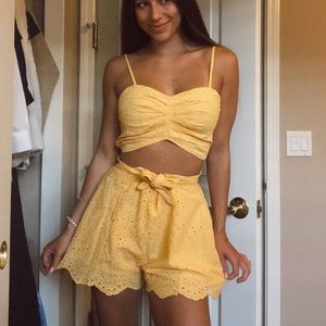 Yellow floral embroidered tank top/shorts SET